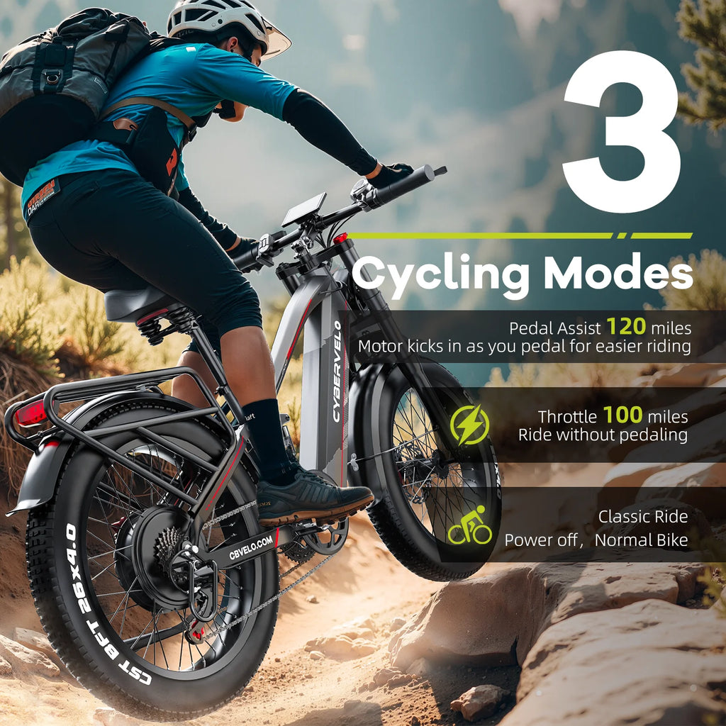 Cybervelo 5000W Peak Electric Bike for Adults 26"x4.0 Fat Tire All Terrain Electric Mountain Ebike Commuter E-Bike 7-Speed Up to 120 Miles 52V 40Ah/60V 50Ah Removable Battery EK9