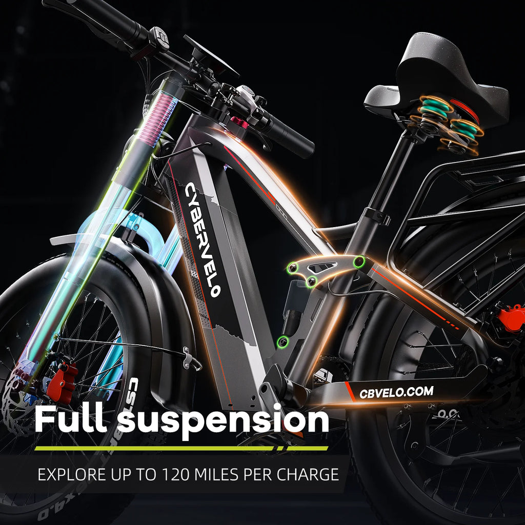 Cybervelo 5000W Peak Electric Bike for Adults 26"x4.0 Fat Tire All Terrain Electric Mountain Ebike Commuter E-Bike 7-Speed Up to 120 Miles 52V 40Ah/60V 50Ah Removable Battery EK9